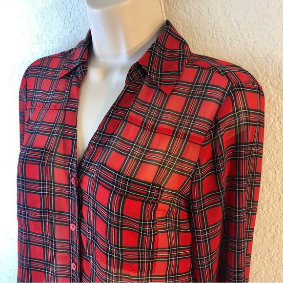 Express Red Black Tartan Plaid Portofino Button Front Blouse Notched V Neck - Picture 15 of 16